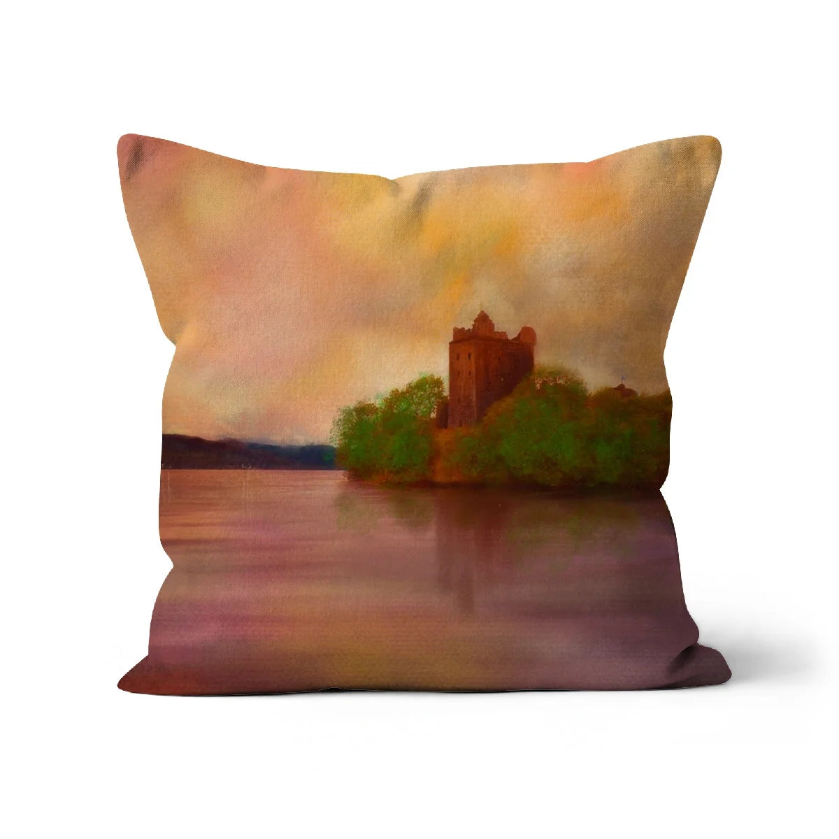 Urquhart Castle Dusk Cushion - Historic & Iconic Art Gallery Scotland Worldwide Shipping Decorative Throw Pillow Scottish Castles Paintings