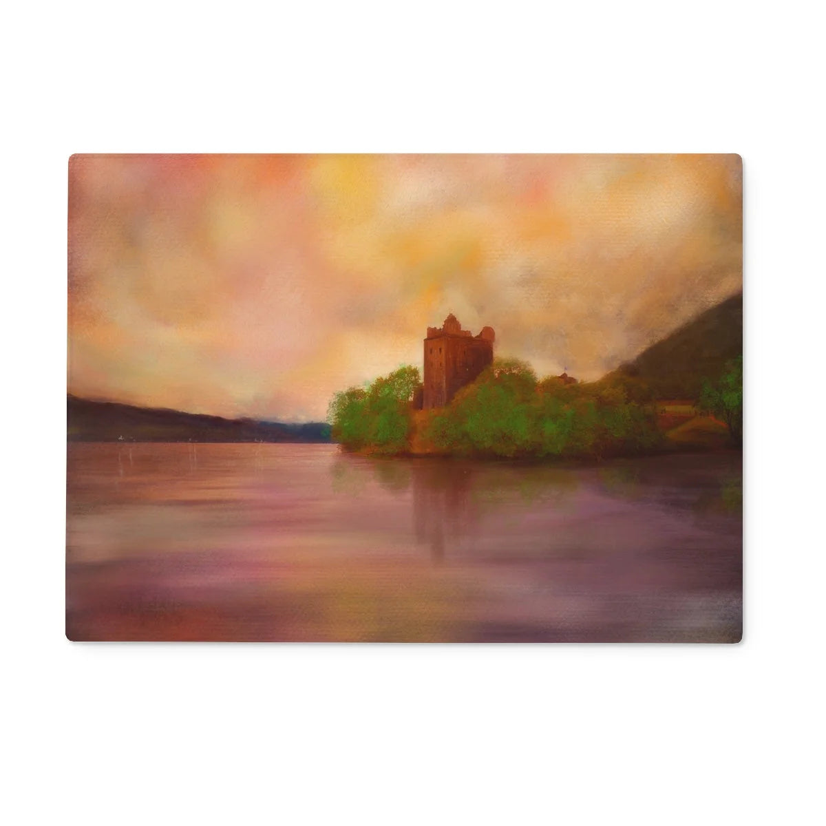Urquhart Castle Dusk Glass Chopping Board - Historic & Iconic Art Gallery Scotland Worldwide Shipping Painting Castle Island Scottish