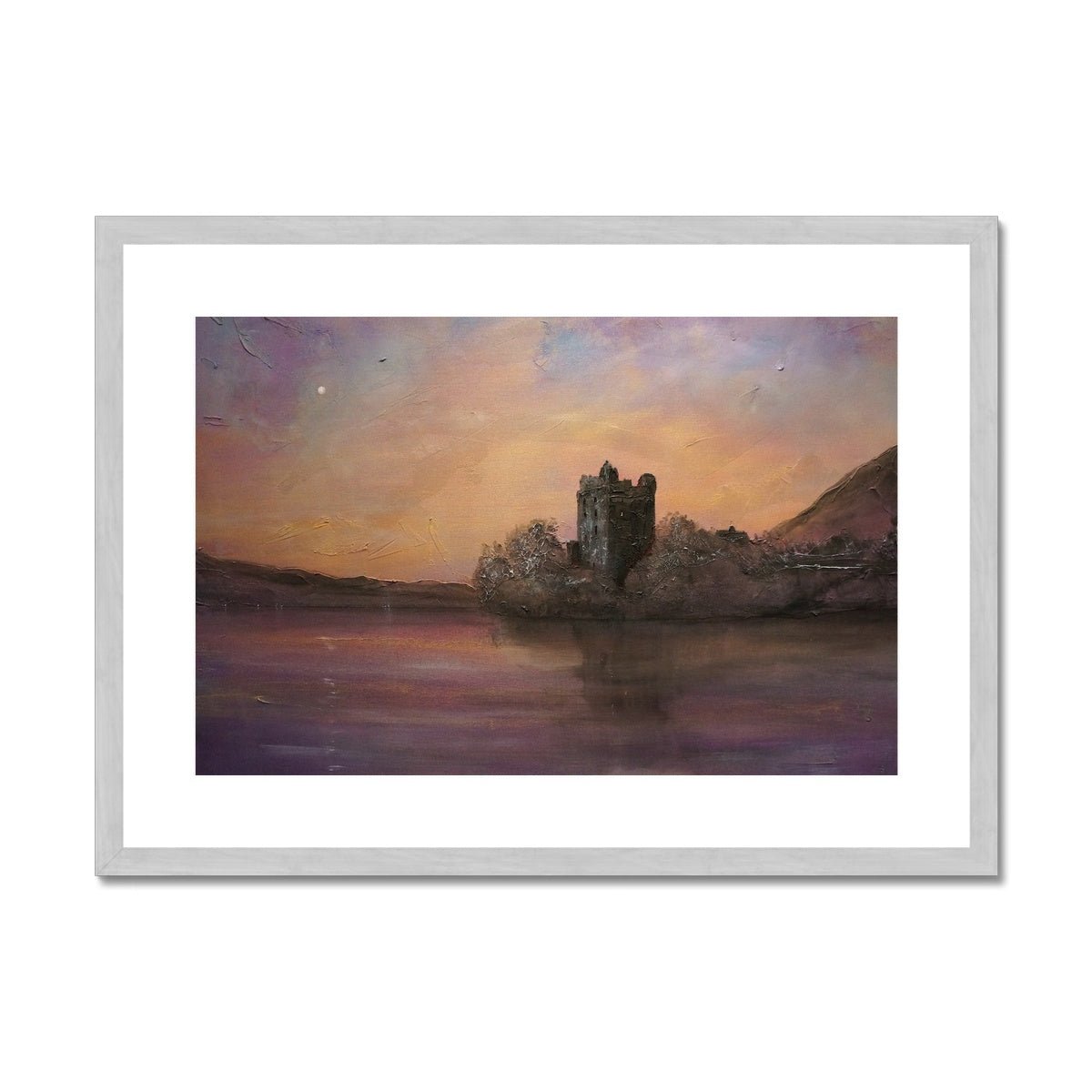 Urquhart Castle Moonlight Painting | Antique Framed & Mounted Prints From Scotland-Antique Framed & Mounted Prints-Historic & Iconic Scotland Art Gallery-A2 Landscape-Silver Frame-Paintings, Prints, Homeware, Art Gifts From Scotland By Scottish Artist Kevin Hunter