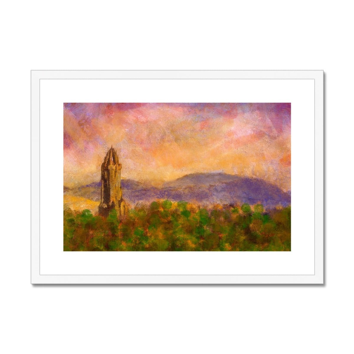Wallace Monument Dusk Painting | Framed & Mounted Prints From Scotland-Framed & Mounted Prints-Historic & Iconic Scotland Art Gallery-A2 Landscape-White Frame-Paintings, Prints, Homeware, Art Gifts From Scotland By Scottish Artist Kevin Hunter
