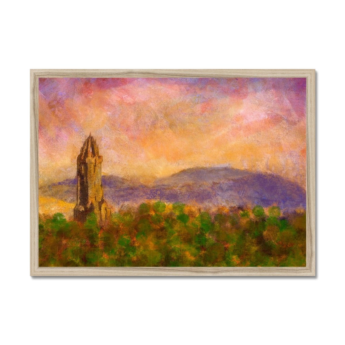Wallace Monument Dusk Painting | Framed Prints From Scotland-Framed Prints-Historic & Iconic Scotland Art Gallery-A2 Landscape-Natural Frame-Paintings, Prints, Homeware, Art Gifts From Scotland By Scottish Artist Kevin Hunter