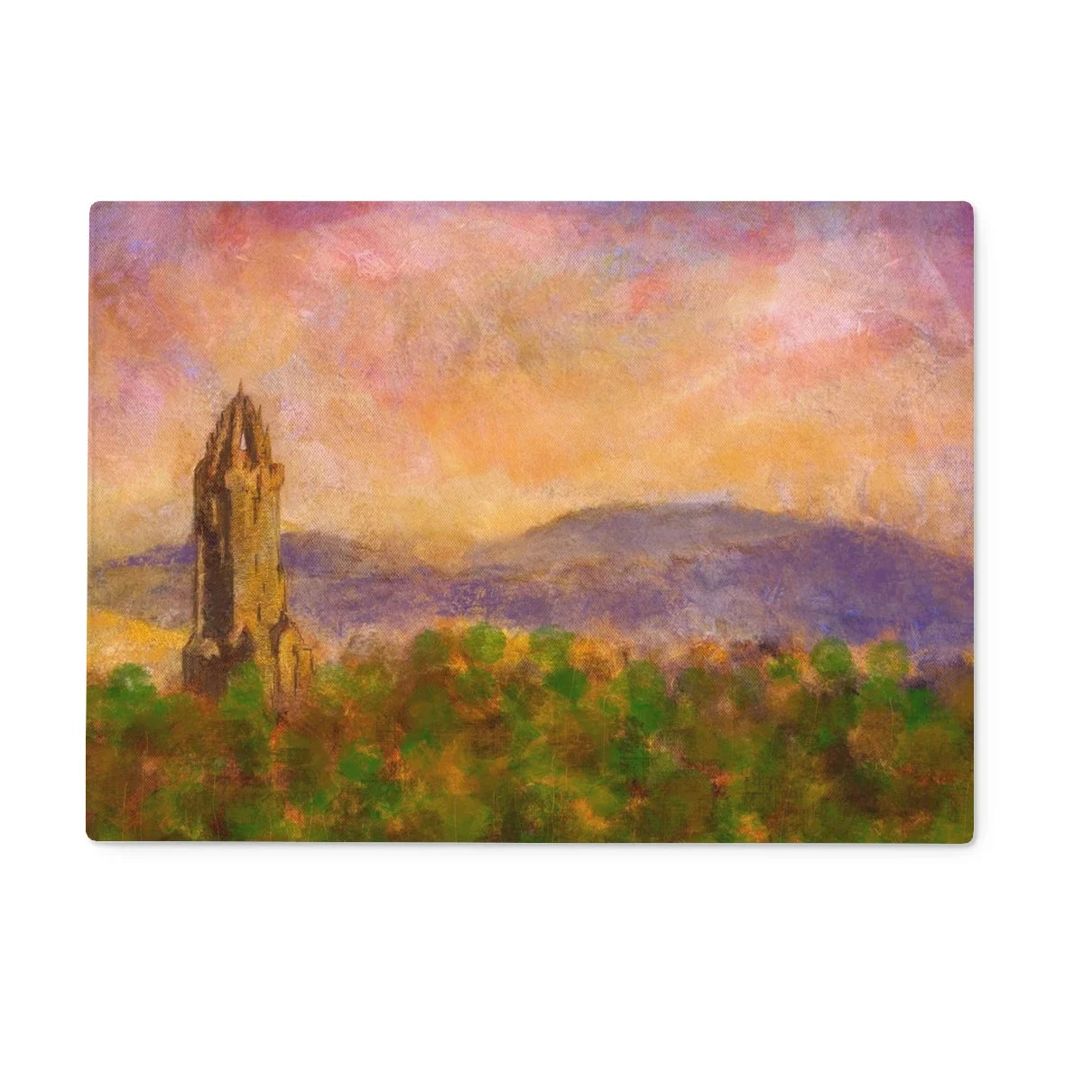 Wallace Monument Dusk Glass Chopping Board - Historic & Iconic Art Gallery Scotland Worldwide Shipping Landscape Painting Prominent
