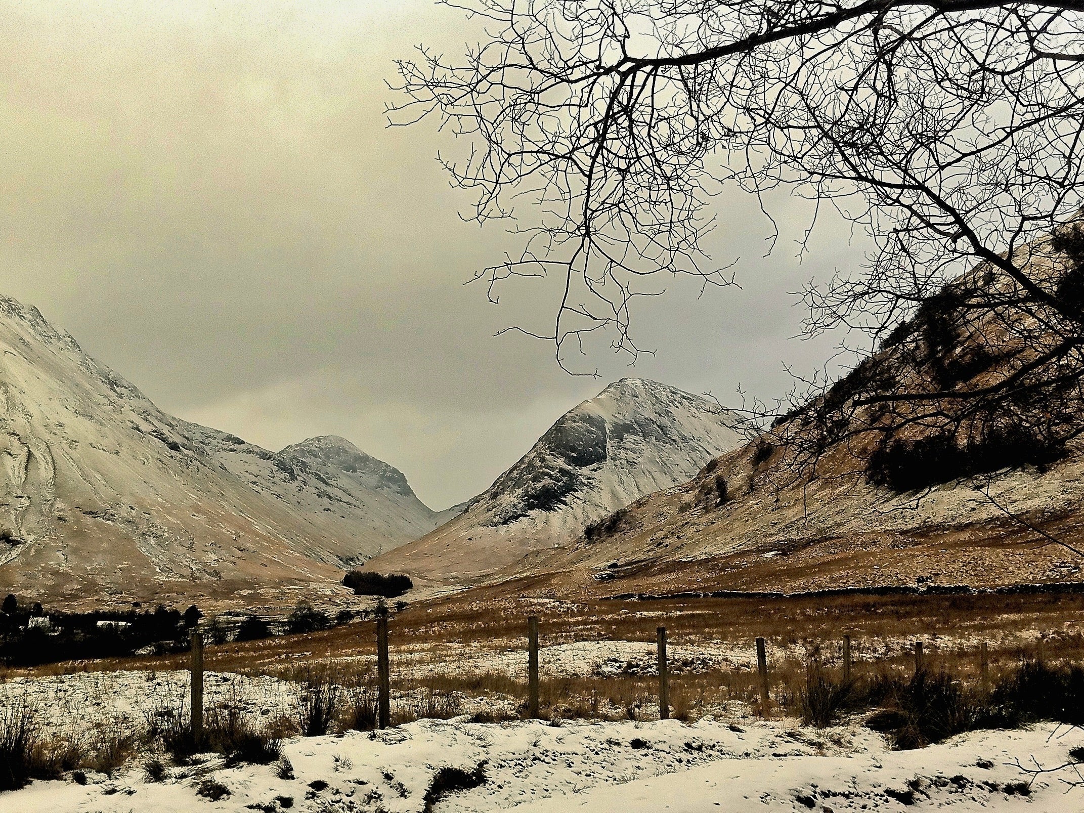 Snow-dusted mountain valley in Glencoe photography prints from Scotland