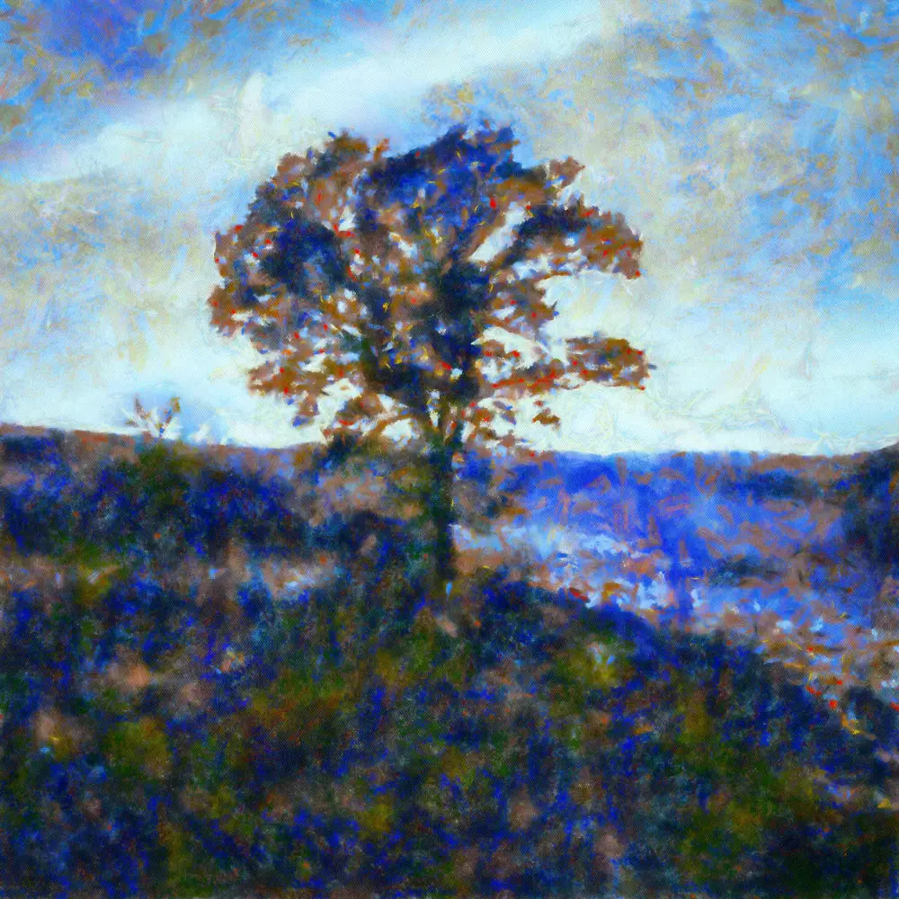 Impressionistic Highland Tree Landscape art print by Scottish artist showcasing winter highland tree art